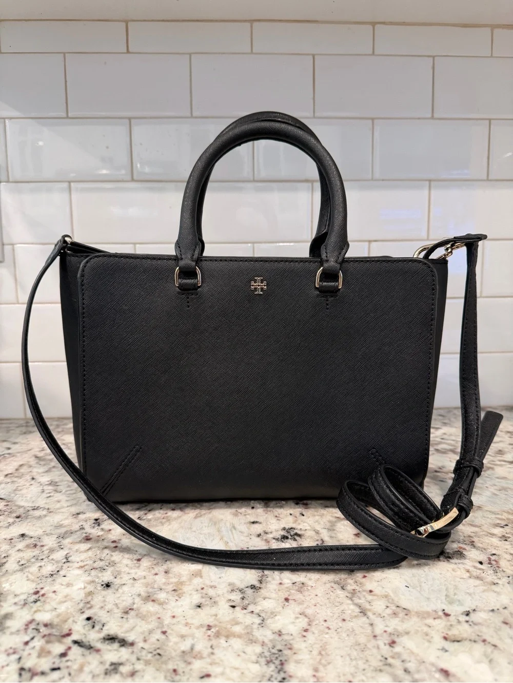 Tory Burch Black Saffiano Leather Satchel with Crossbody Strap